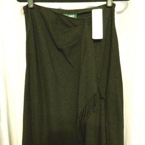 Lauren Ralph Lauren Black Wool Maxi Faux Wrap Skirt with Fringe Size 6  NWT